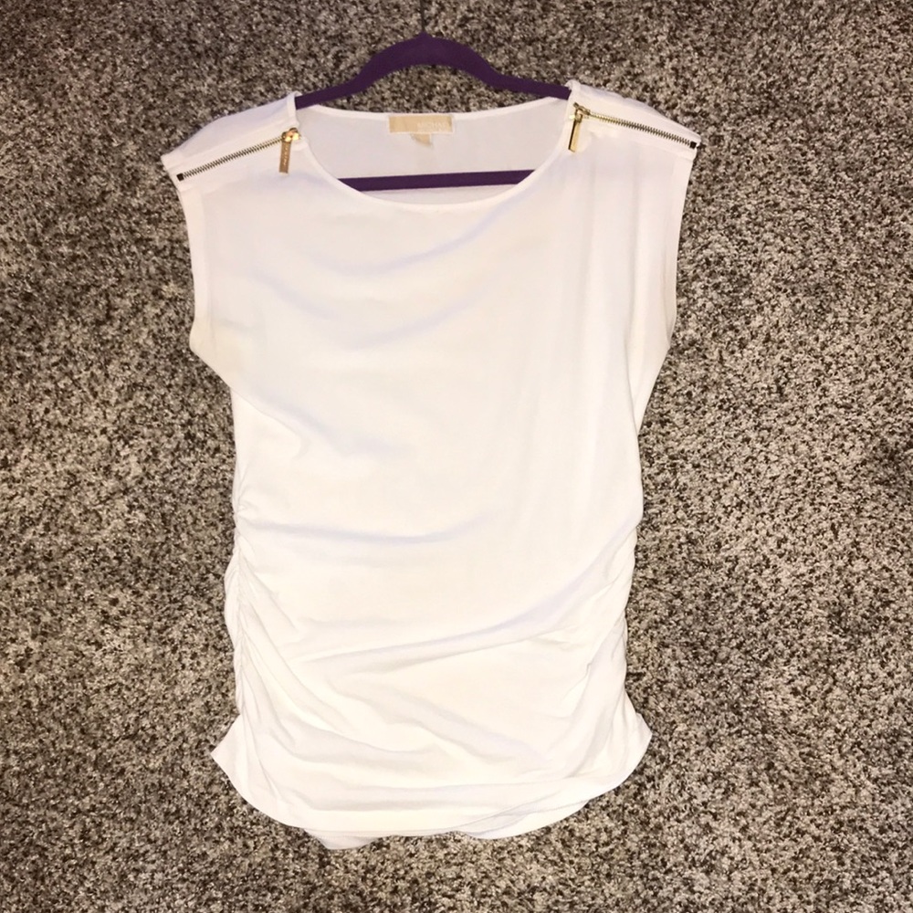 white Michael Kors blouse with gold zippers